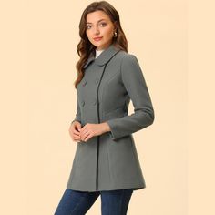 Timeless, sophisticated, and versatile, the regular-fit peacoat is an essential piece for your wardrobe. Cut in a short tailored silhouette with a doll collar, slanted pockets, and double-breasted front black buttons. Wear over chunky knitted jumpers and cute boots for a playful take on cold-weather textures. The fabric of this trench coat is soft, breathable, and comfortable to wear in winter, good quality, and chic. This fashionable and trendy clothes for women can not only be worn daily, but