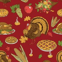 a red thanksgiving background with turkeys, pies, and other foods on it