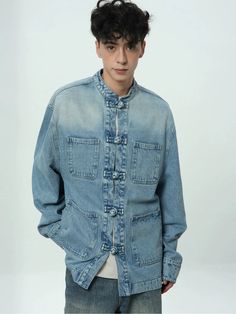 Faded Denim Shirt with Multiple Pockets - chiclara Washed Blue Recycled Denim Jacket With Pockets, Casual Washed Blue Denim Jacket With Pockets, Casual Distressed Button-up Jeans, Casual Denim Blue Jacket With Patch Pockets, Casual Denim Jacket With Patch Pockets, Relaxed Fit Washed Blue Denim Utility Jacket, Casual Washed Recycled Denim Outerwear, Denim Blue Tops With Patch Pockets, Casual Stonewashed Denim Jacket