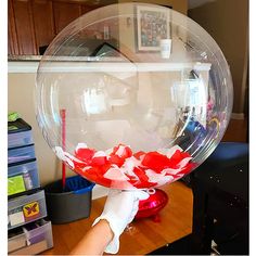 a person holding up a large clear bubble ball with red and white flowers on it