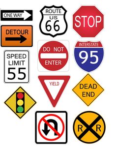 various road signs are displayed on a white background