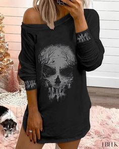 Ebeek - Ominous Halloween Skull Graphic Sweatshirt Dress - A Novelty Fashion Statement Plus Size Halloween Costume, Graphic Print Sweatshirt, Skull Graphic, Warm Dresses, Printed Bodycon Dress, Type Graphic, Print Sweatshirt, Halloween Dress, Halloween Skull