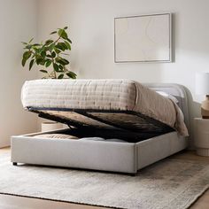 a bed with a mattress on top of it in a room next to a plant