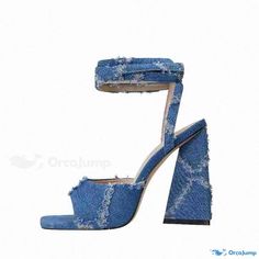 Orcajump - Womens Denim High Heel Sandals with Square Toe, Sturdy Heels, Adjustable Wraparound Straps and Unique Design Womens Denim, Square Head, Heel Sandals, High Heel Sandals, Wrap Around, Denim Women, High Heel, Sandals Heels, Unique Design