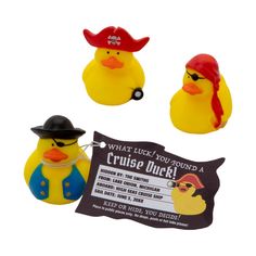 three rubber ducks wearing pirate hats and eye glasses, one with a sign that says cruise duck