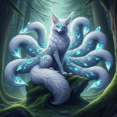 a white fox sitting on top of a moss covered tree stump in the forest with glowing blue eyes