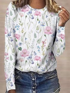 White Casual Graphic Tops Round Neck Long Sleeve Floral Printed Sweatshirts Cotton Casual Pants, Floral Print Pants, Half Sleeve Blouse, Casual Long Sleeve Shirts, Long Sleeve Tops Casual, Graphic Tops, Basic Long Sleeve, Hooded Coat, White Casual