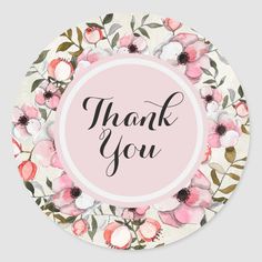 a pink and white floral thank card with the words thank you in black lettering on it