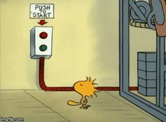 a cartoon character standing in front of a push button