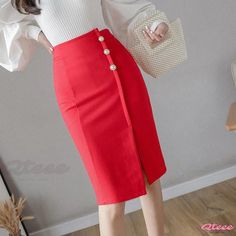 Qteee - Stylish Asymmetrical Midi Skirt with Side Slits - Fashionable, Sensual, and Casual Irregular Hem Pencil Skirt Trendy Knee-length Solid Color Bottoms, Elegant Non-stretch Asymmetrical Skirt, Elegant Non-stretch Knee-length Bottoms, Non-stretch High Waist Office Skirt, Non-stretch High Waist Skirt For Office, Chic Red Stretch Pencil Skirt, High Waist Skirt For Office, Elegant Knee-length Bottoms, Red Knee-length Pencil Skirt For Spring