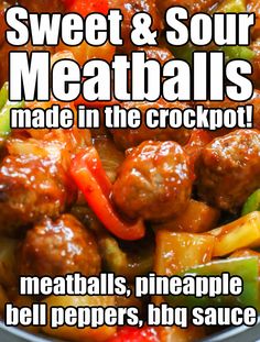 meat and sour meatballs made in the crockpot, meatballs, pineapple bell peppers, bbq sauce