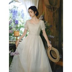 A beautiful, fleeting, sweet romance. A retro dress with a dreamy shimmer. The neckline and cuffs are decorated with lace embroidery. An item that gives a sophisticated and classic impression. 
 
 Size 
 
 S size 
 
 Length: 121cm 
 Shoulder width: 35cm 
 Bust: 86cm 
 Waist: 70cm 
 Sleeve length: 23cm 
 
 M size 
 
 Length: 122cm 
 Shoulder width: 36cm 
 Bust: 90cm 
 Waist: 74cm 
 Sleeve length: 23.5cm 
 
 L size 
 
 Length: 123cm 
 Shoulder width: 37cm 
 Bust: 94cm 
 Waist: 78cm 
 Sleeve length Fitted A-line Dress With Delicate Lace, Formal Tea-length Dress With Lace Trim, Formal Tea Length Dress With Lace Trim, Beige A-line Lace Dress With Lace Trim, Fitted Lace Tea Length Dress, Lace Dress With Puff Sleeves And Lace Patchwork, Lace Patchwork Puff Sleeve Dress, Elegant Midi Dress With Lace Collar For Wedding, Fitted Tea-length Lace Dress With Lace Trim