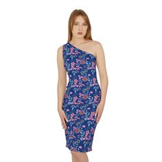 Embrace a unique kind of elegance in this one-shoulder dress featuring a fitted silhouette and a knee-length straight hem. With a sleeveless design and true-to-size fit, it's perfect for any occasion. The hidden side 14" zipper ensures easy dressing, while the YKK invisible nylon upholstery zipper offers a seamless finish. Featuring non-separating, closed-end construction with an automatic lock slider in white, this dress is both functional and fashionable..: Material: 95% polyester, 5% spandex.: Medium fabric (7.5 oz /yd² (255 g/m.: White side zipper.: Fitted silhouette.: Knee length.: Thread color automatically matched to design (black or white).: Assembled in the USA from globally sourced parts Stretch One-shoulder Midi Dress, Blue Asymmetrical Neckline Stretch Bodycon Dress, Blue Stretch Bodycon Dress With Asymmetrical Neckline, Blue Bodycon Dress With Asymmetrical Neckline, Fitted Blue One Shoulder Dress For Spring, Fitted Blue One Shoulder Dress, Bodycon One Shoulder Dress For Summer, Fitted Blue One-shoulder Dress, Spring One-shoulder Fitted Sleeveless Dress