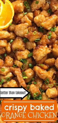 an orange and chicken dish with the words crispy baked orange chicken on it's side