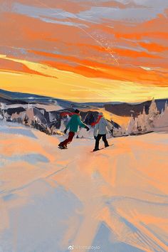 two snowboarders are going down a snowy hill at sunset with the sun setting in the background