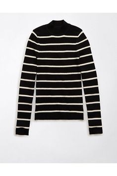 Ribbed sweater knit/Mock neck/Stripes Striped Turtleneck Sweater For Layering, Horizontal Stripe Knit Tops For Fall, Knit Tops With Horizontal Stripes For Fall, Classic Striped Sweater With Ribbed Collar, Fall Black Sweater With Striped Collar, Knit Tops With Striped Collar For Fall, Winter Knit Tops With Contrast Stripes, Knit Tops With Contrast Stripes For Winter, Winter Knit Top With Contrast Stripes