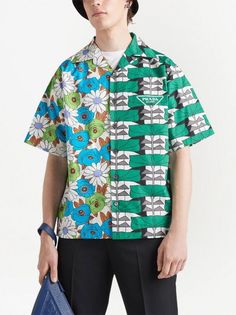 Prada Double Match colour-block Shirt - Farfetch Prada Runway, Color Block Shirts, Mens Travel, White Turquoise, Mens Lifestyle, Women Essentials, Mother Of Pearl Buttons, Mixing Prints, Sleeve Cotton