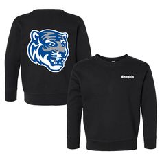 Gear up your little Tiger in style with our Memphis Tigers Toddler Crewneck Sweatshirt. Made from cozy and soft fabric, this sweatshirt features super unique graphics that showcase the pride of the Tigers Nation. From game day excitement to everyday adventures, your little fan will stand out in this officially licensed apparel. Available in various sizes to fit your little one perfectly. Get the Memphis Tigers Toddler Crewneck Sweatshirt today and let your baby show off their team Black Long Sleeve Sweatshirt For School Spirit, Black School Spirit Sweatshirt With Crew Neck, Black Fleece Tops For Team Spirit, Black Graphic Print Sweatshirt For Game Day, Collegiate Black Fleece Tops, Mascot Long Sleeve Sweatshirt For Fans, Black Collegiate Fleece Tops, Mascot Sweatshirt Long Sleeve Fan Apparel, Black Sweatshirt For School Spirit Streetwear