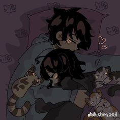 two people laying in bed next to each other with cats sleeping on the pillow behind them