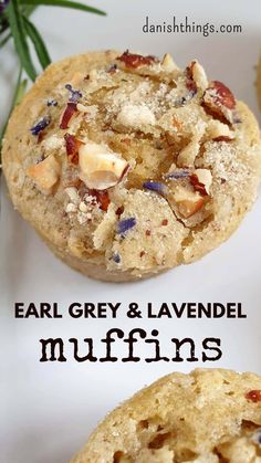 an image of two cookies with nuts on top and the words, ear grey & lavender muffins