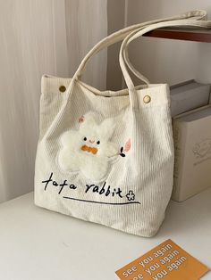 White Preppy Collar  Fabric Cartoon,Letter Shopper Bag Embellished   Women Bags Tot Bag, Preppy Bags, Sacs Tote Bags, Letter Bag, Cartoon Bag, Stylish Letters, Trendy Tote Bags, Cartoon Letters, Style Preppy