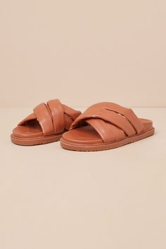 Your summer just got a lot more stylish, and it's all thanks to the trendy vibes of the Lulus Tolleson Cognac Slide Sandals! Smooth faux leather shapes these must-have sandals that feature an almond-shaped toe bed and a collection of wide, puffy straps that create a crisscrossing vamp. A smooth contoured insole and treaded rubber sole complete the slide-on silhouette. Available in whole sizes only. 1" rubber sole. Smooth insole. Rubber sole has nonskid markings. Man made materials. Imported. Lul Wineries Outfit, Tan Shoes, Sandals Brown, Nude Shoes, Shoes Flats Sandals, Almond Shaped, Brown Sandals, Brown Shoe, Sandals Summer