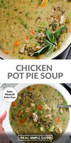 chicken pot pie soup in a white bowl with the title above it, and an image of