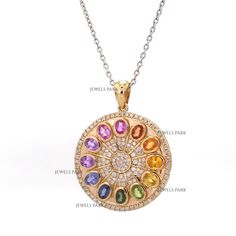 Rainbow sapphire oval diamond pendant necklace gold | Natural sapphire mandala pattern rainbow ombre pendant gold | Rainbow sapphire pendant  GEMSTONE DETAILS : ✦ Gemstone : Emerald ✦ Gemstone Type : Natural ✦ Gemstone Size : 4x3 MM ✦ Gemstone Shape : Oval ✦ Number of Gemstones : 15 ✦ Gemstone Weight : 4 Carats ✦ Gemstone Grade : AAA DIAMOND DETAILS : ✦ Diamond Type : Natural ✦ Diamond Size : 1.00 mm ✦ Diamond Color : F-G ✦ Diamond Clarity : Slightly included ✦ Diamond Cut : Excellent - Very Good ✦ Diamond Weight : 0.80 Carats METAL DETAILS : ✦ Metal : 14K/18K Gold ✦ Metal Color : Yellow / White / Rose Gold ✦ Setting : Channel Setting ✦ Pendant Box : Yes SHIPPING DETAILS : ✦ Shipped via : UPS ✦ Production time : 10-12 days ✦ Delivery time : 7-8 days ✦ Expedited shipping : Available ✦ Exped Multicolor Gemstone Oval Pendant Jewelry, Multicolor Oval Pendant Gemstone Jewelry, Rainbow Round Diamond Jewelry, Rainbow Colored Round Diamond Jewelry, Rainbow Sapphire Gemstone Jewelry, Rainbow Gemstone Pendant Jewelry, Rainbow Diamond Jewelry Gift, Oval Diamond Pendant, Pattern Rainbow