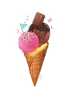 an ice cream cone with two scoops of ice cream and chocolate on top, sprinkled with confetti