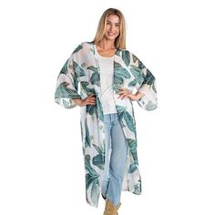 Sophisticated and simple, this women's kimono style topper from Linda Anderson is the perfect accessory to finish your outfit, for anything from a night on the town to a trip to the grocery store. Sophisticated and simple, this women's kimono style topper from Linda Anderson is the perfect accessory to finish your outfit, for anything from a night on the town to a trip to the grocery store. Lightweight Arm openings Allover printFABRIC & CARE Polyester Machine wash Imported Size: One Size. Color: Casual Fall Cover-up With Kimono Sleeves, Long Fall Cover-up For Day Out, One-size Fall Vacation Cover-up, Lightweight Open Front Outerwear For Spring, Oversized Cover-up For Fall Day Out, Fall Open Front Cover-up For Day Out, Chic Long Cover-up For Spring, Chic Long Cover-up For Fall, Chic Fall Cover-up