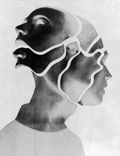 a black and white drawing of two people's heads with wavy lines on them