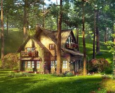 a painting of a house in the woods surrounded by flowers and trees with lots of greenery