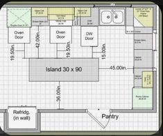 the floor plan for a small kitchen with island and pantry area, including an oven, sink