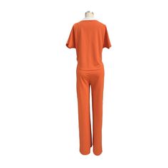 V Neck T Shirt Straight Pants Two Piece Set Solid Color T-shirt For Loungewear, Casual Orange Workwear Sets, Casual Relaxed Fit Pant Set For Work, Casual Orange Sets With Relaxed Fit, Casual Orange Sets Relaxed Fit, Casual Stretch Pant Set, Pants Short, Summer Sports, Straight Pants