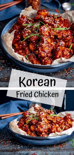 korean fried chicken in a bowl with chopsticks on the side and another plate full of food