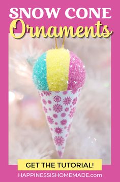 a snow cone ornament hanging on a christmas tree with the words, how to make