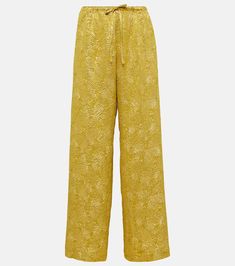 Puvis floral wide-leg pants in gold - Dries Van Noten | Mytheresa Spring Silk Wide Leg Pants With Elastic Waistband, Silk Wide-leg Pants With Floral Print, Silk Wide Leg Pants For Summer, Summer Wide Leg Silk Pants, Wide Leg Silk Pants For Summer, Floral Print Wide Leg Bottoms In Viscose, Dries Van Noten 2023, 2023 Pants, Dries Van Noten Shoes