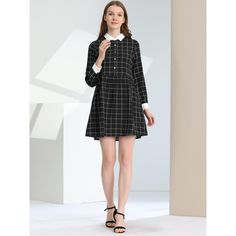 Add this classic plaid piece to your wardrobe. It will never be out of fashion. The cute and chic design of the dress will create a charming look. The style of contrast collar and cuffs give this lovely plaid dress a playfully charming look. This plaid dress can be paired with ankle boots for a spring ensemble. Very friendly to plump girls. Please check your measurements to make sure the item fits before ordering. Plaid Office Dress, Spring Collared Plaid Dress, Spring Plaid Collared Dress, Preppy Plaid Dress For Fall, Collared Plaid Dress For Work, Plaid Collared Dress For Work, Long Sleeve Black Plaid Dress For Work, Black Long Sleeve Plaid Dress For Work, Plaid Shirt Dress With Buttons For Work