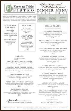 the farm to table menu is shown in black and white, with brown trimmings