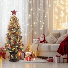 a living room with a christmas tree and presents