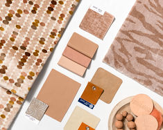 jamie stern rug, fabric and leather samples that compliment the 2024 color of the year, peach fuzz Peach Fuzz Moodboard, Color Material Board, Color Of The Year 2024, Sample Boards, High End Residential, 2024 Color, Peach Fuzz, Year 2024