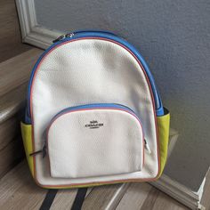 Nwt Coach Cj597 Medium Court Backpack Colorblock In Pebble Leather Chalk Multi. Product Details Refined Pebble Leather Inside Zip And Multifunction Pockets Double Zip Closure, Fabric Lining Handle With 2 1/4" Drop Outside Zip Pocket Adjustable Shoulder Straps 10 3/4" (L) X 12 1/2" (H) X 4 3/4" (W) Style No. Cj597 White Leather Backpack With Adjustable Strap, White Satchel Leather Backpack For Everyday Use, White Leather Everyday Backpack, White Leather Backpack For Everyday Use, Everyday White Leather Satchel Backpack, Everyday White Leather Backpack, Trendy White Leather Backpack, Casual Coach Bags For School, White Casual Leather School Backpack