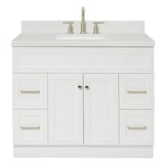 a white bathroom vanity with two sinks and drawers on the cabinet door is shown in front of a white background