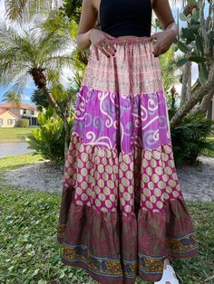 Womens Light Purple Floral Beach Maxi Skirt Patchwork Boho Skirts S/M Pink Bohemian Maxi Length Bottoms, Pink Bohemian Maxi Bottoms, Bohemian Pink Maxi Bottoms, Bohemian Full-length Maxi Skirt For Beach, Bohemian Full-length Summer Maxi Skirt, Bohemian Flowy Full-length Maxi Skirt, Bohemian Full-length Skirt For Festivals, Bohemian Full Length Maxi Skirt For Beach, Bohemian Flowy Floor-length Maxi Skirt