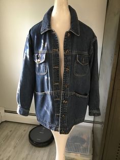 "Denim work jacket. Has a AMI Label inside with Made in Hong Kong and size medium, but please see measurements below to ensure a good fit. Buttons down the front, 4 pockets on front, lower ones are deep slide in pockets. Measurements: 44\" chest; 44\" mid body; 44\" hemline; \" tall; 22\" sleeve; 28\" tall; 20\" shoulder to shoulder. Thanks for stopping by my Etsy store!" Rose Pink Dress, Genie Pants, Big Skirts, Vintage Jean Jacket, Wrap Pants, Jacket Denim, Taffeta Dress, Work Jacket, Work Jackets