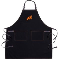 a black apron with an orange flame on the front and side pocket, attached to two straps