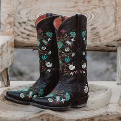 Wildflower Boots | Floral Embroidered Cowgirl Boots (M50030) | Soto Boots Embroidered Cowgirl Boots, Red Wildflowers, White Daisies, Beautiful Boots, A Collage, Goodyear Welt, Dark Brown Leather, Heart On, Mid Heel