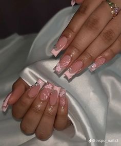 Pink Floral Nails, Pink French Tip, Hard Nails, Floral Nail, Girly Acrylic Nails, Pink French, Floral Nail Art, Cute Gel Nails