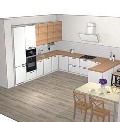 a drawing of a kitchen with wooden floors and white cabinets, an oven, sink, microwave, dishwasher and table