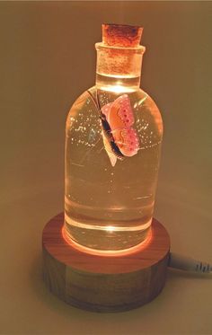 a glass bottle filled with water and a butterfly on the top, sitting on a wooden base